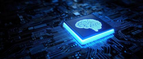 The microchip featuring a brain design on a futuristic circuit board. photo