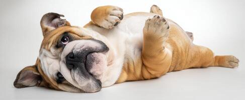 The adorable bulldog lying on its back with a playful expression. photo