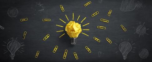 The creative lightbulb made from crumpled yellow paper and paperclips. photo
