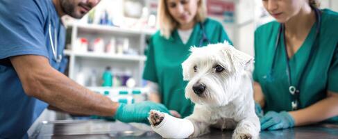 The veterinarian team caring for a dog with a bandaged paw. photo