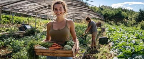 The smiling young woman harvesting fresh vegetables in a vibrant farm setting. photo