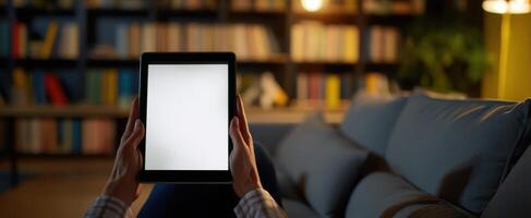 The hands of a person holding a tablet in a cozy living space. photo