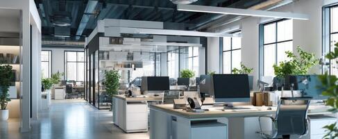 The modern office space featuring sleek furniture and abundant natural light. photo