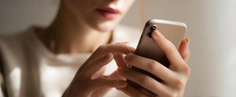 The woman using a smartphone in a soft and inviting setting. photo