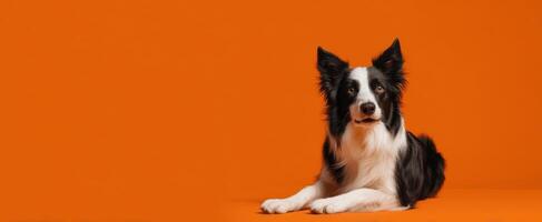 The adorable border collie resting against a vibrant orange background. photo