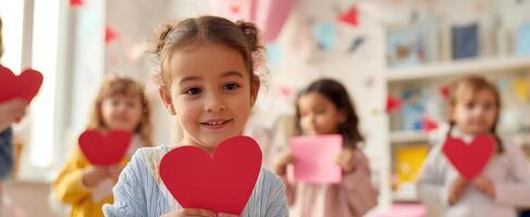 The joyful children creating heartfelt decorations for a festive celebration. photo
