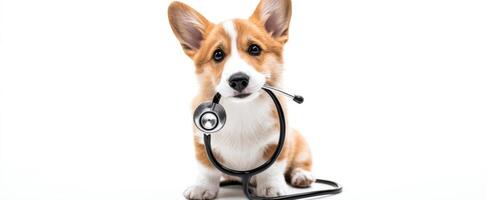 The adorable corgi puppy holding a stethoscope in its mouth. photo