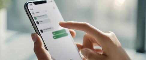 The smartphone showcasing a chat conversation with user interaction and modern design. photo