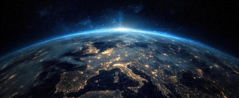 The Earth illuminated at night with a breathtaking view of Europe. photo