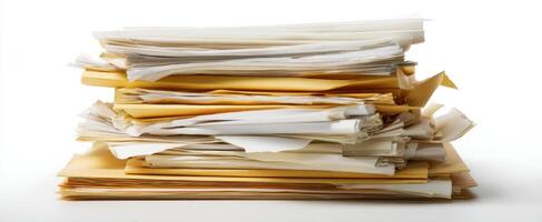 The stack of papers and envelopes representing office disorganization and clutter. photo