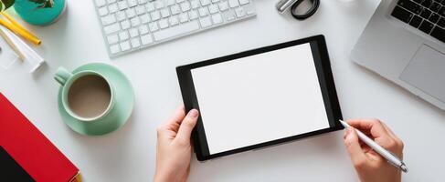 The tablet ready for creativity in a modern workspace setting. photo