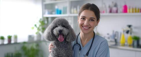 The veterinarian smiling with a dog in a modern clinic setting. photo