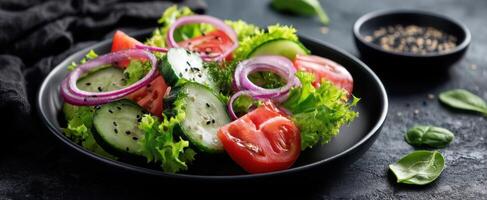 The colorful fresh salad with tomatoes, cucumbers, and onions in a black bowl. photo