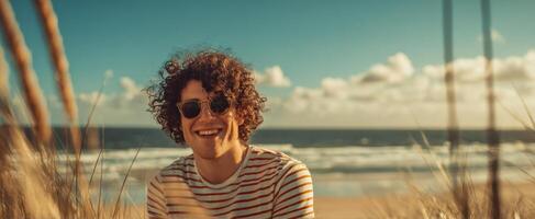 The smiling young man enjoying a sunny day at the beach with ocean view. photo
