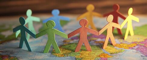 The colorful paper figures representing unity and connection over a world map photo