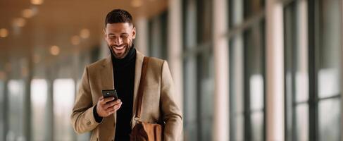 The smiling businessman using a smartphone in a modern office corridor. photo