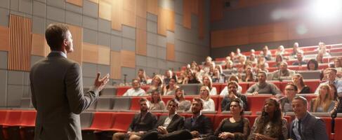 The engaging speaker captivating a professional audience in a modern conference hall. photo