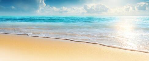 The serene beach landscape with gentle waves and a vibrant sky. photo