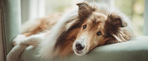 The adorable collie resting comfortably on a cozy sofa indoors. photo