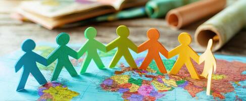 The colorful paper figures representing unity and connection over a world map. photo