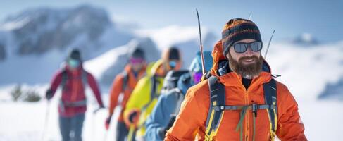 The adventurous hiking team enjoying a winter trek through snow-covered mountains. photo