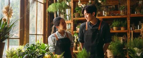 The couple enjoying a moment together in a vibrant plant shop. photo