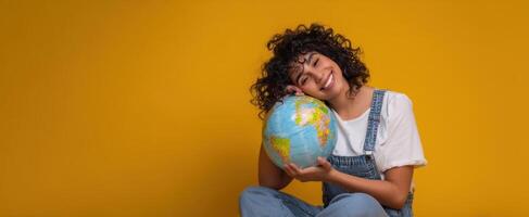 The woman holding a globe, exuding joy and love for travel and exploration. photo