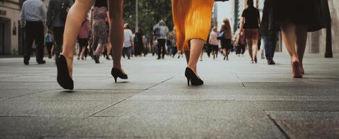 The Elegant Walk of Stylish Individuals on a Bustling City Street. photo