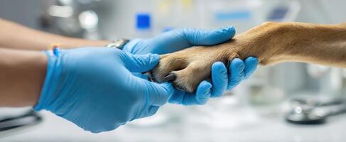 The veterinarian gently examines the dog's paw with caring hands. photo