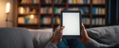The person holding a tablet in a cozy living room setting. photo