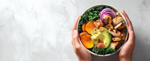 The colorful healthy salad bowl with grilled chicken and fresh vegetables. photo
