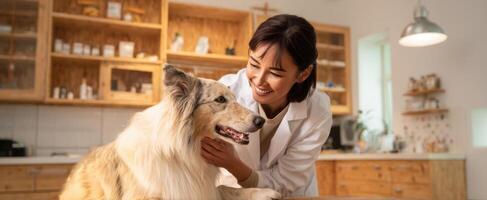 The veterinarian caring for a dog in a cozy veterinary clinic setting. photo