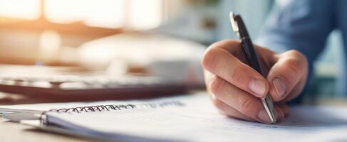 The hand writing notes with a pen on paperwork at an office desk photo
