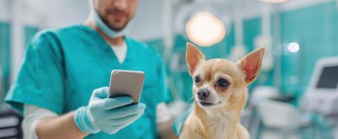 The veterinarian checking pet health details on a smartphone in clinic setting. photo