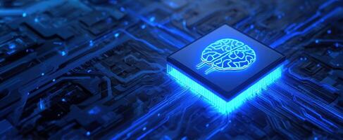The futuristic microchip with a brain design glowing in electric blue photo