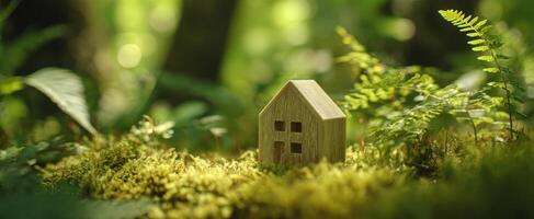 The wooden house nestled within a tranquil forest of greenery and moss. photo
