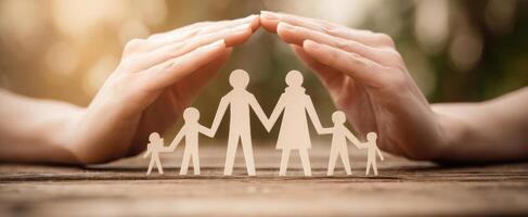 The hands protecting a paper family symbolizing love and unity. photo