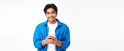 The young man smiling while using a smartphone in a casual setting. photo