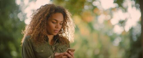 The woman stands outdoors, engaging with her smartphone in a serene environment. photo