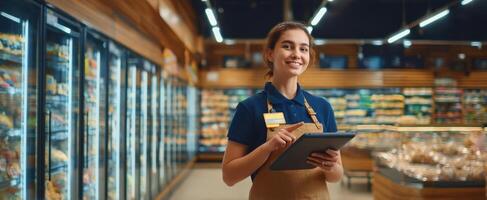 The friendly grocery store employee using a tablet in a vibrant market setting. photo