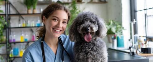 The veterinarian smiles while caring for a poodle in a modern clinic. photo