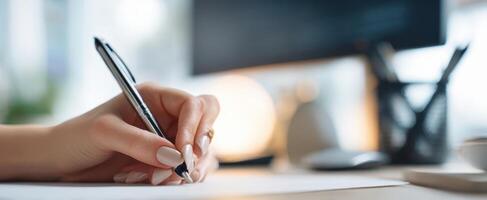 The elegant hand writing with a pen on paper at a modern desk photo