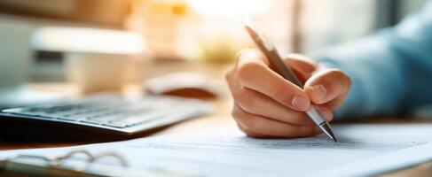 The hand writing on a document in a modern office workspace. photo