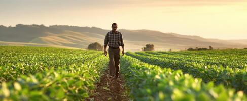 The dedicated farmer walking through a lush green field at sunset. photo