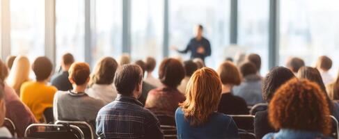 The audience engaged in a professional seminar about innovative ideas and leadership strategies. photo