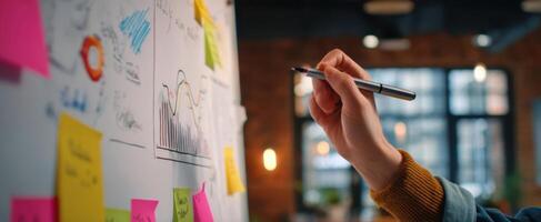 The hand writing notes on a whiteboard filled with colorful sticky ideas. photo