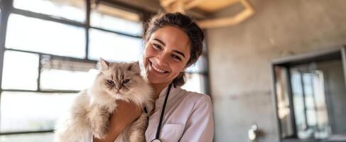 The veterinarian happily holding a fluffy cat in a modern clinic setting. photo