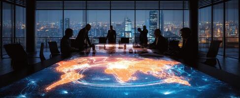The executives collaborate over a digital world map in a modern office setting. photo