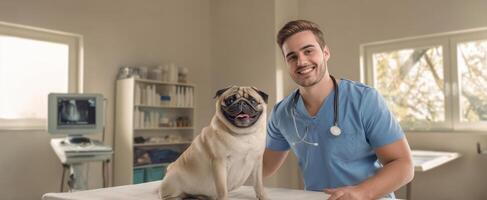 The smiling veterinarian and his adorable pug patient in a sunny clinic setting. photo