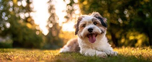 The adorable dog lounging in the golden sunlight of a serene park photo